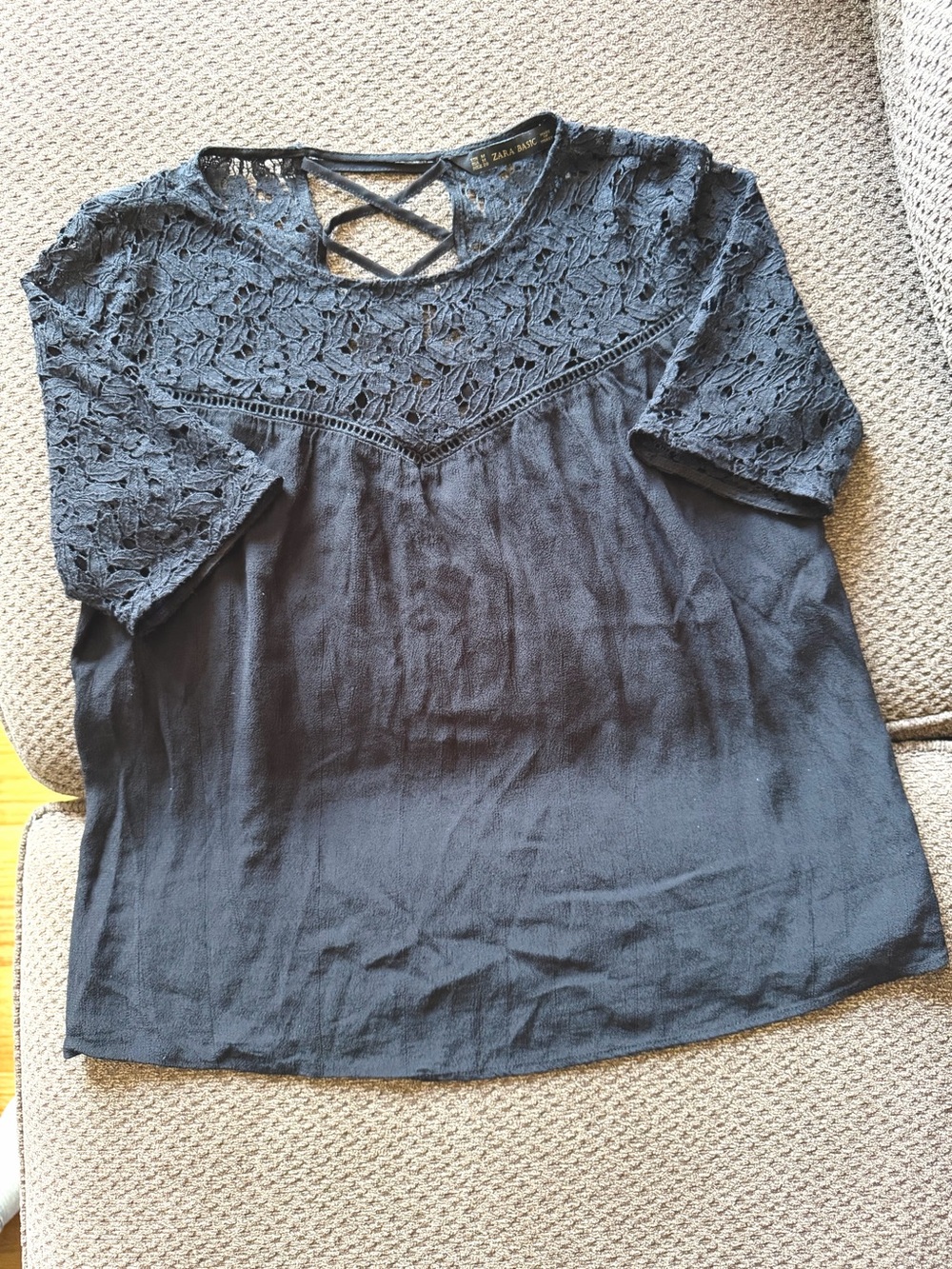 Zara Basic Black Lace Detail Blouse | Criss Cross Back | Boho Romantic | Medium